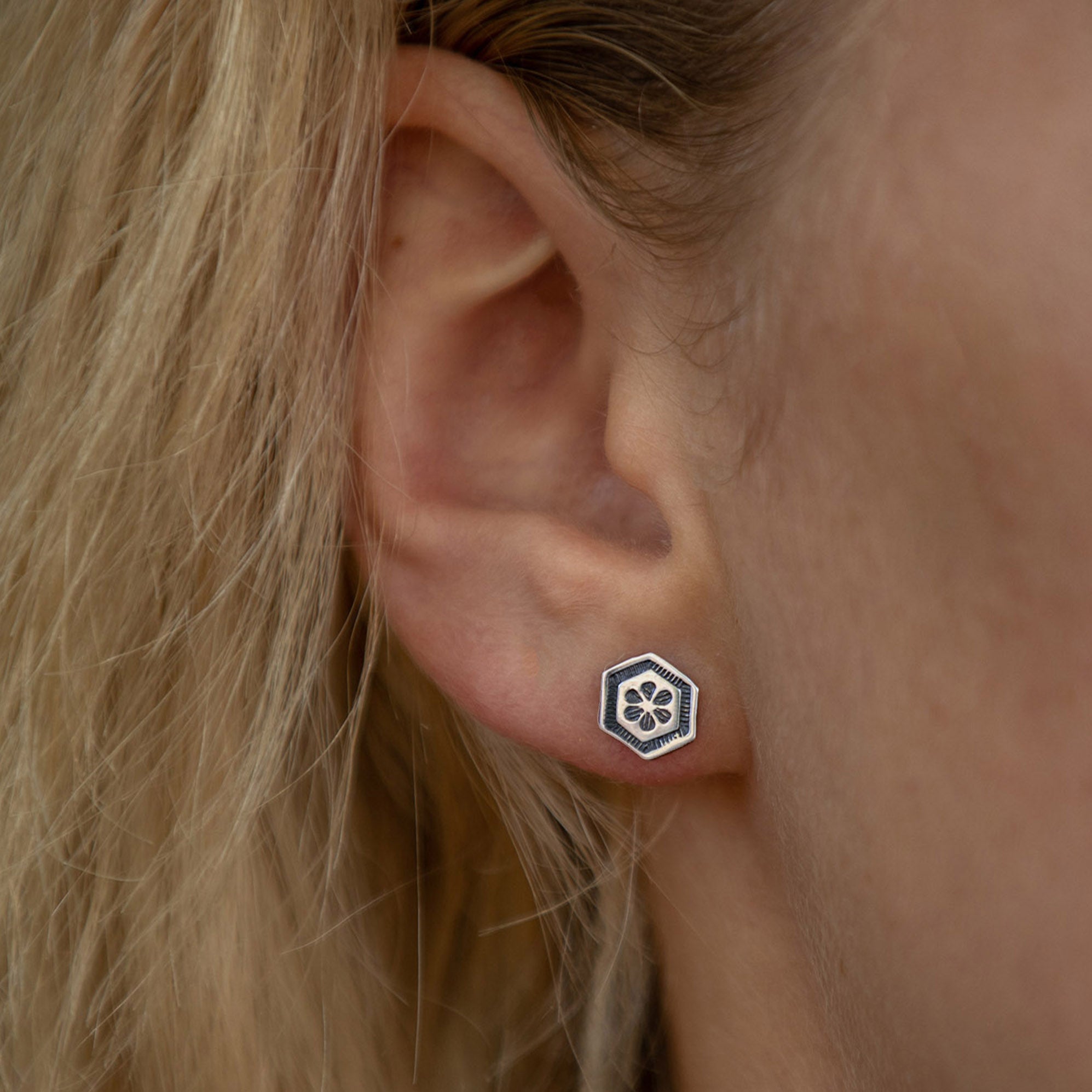 Floral hexagon post earrings