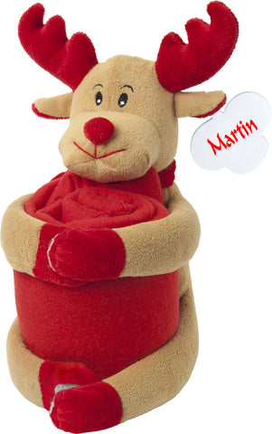 Personalised plush Reindeer with personalised red fleece blanket