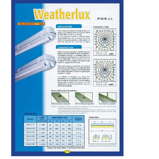 Weatherlux W-LUX236 (2x14.5W Philips T8 Corepro) Jet and Dustproof IP65 Light Fitting with Acrylic Diffuser c/w Lamp