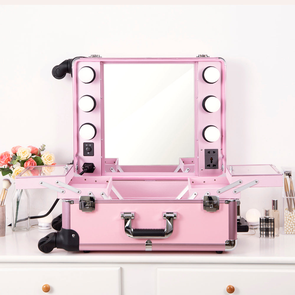 Chende Pink Pro Studio Artist Train Rolling Makeup Case with Light Whe -  Chende Hollywood Vanity Mirror