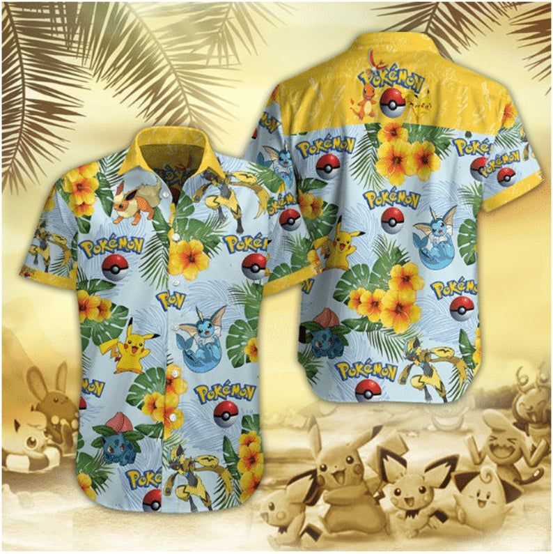 Pokemon Hawaiian Shirt Pikachu Eevee Flower Yellow Hawaii Aloha Shirt
