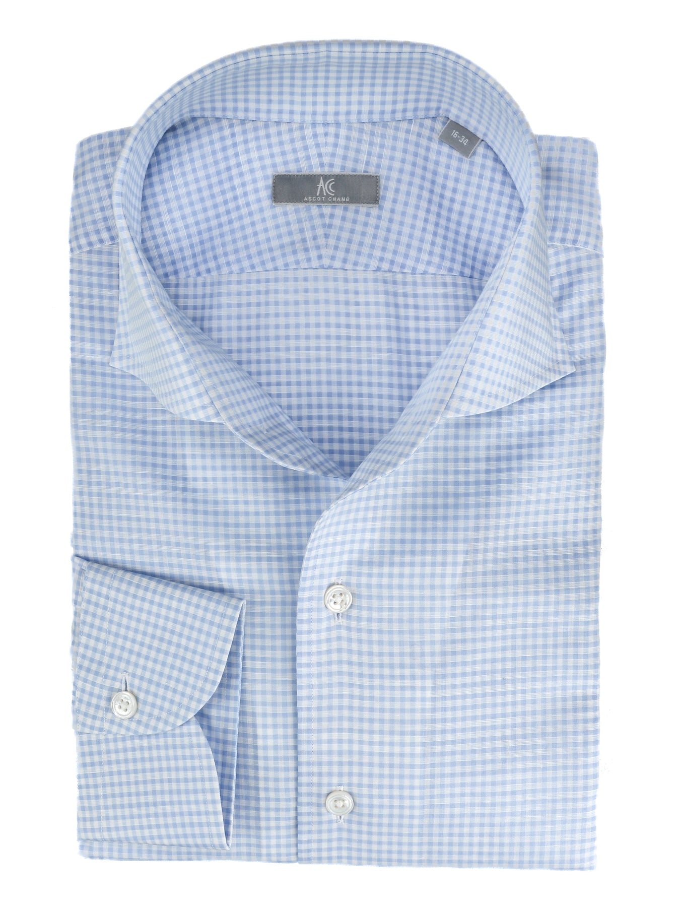 Sky Blue Check Cotton Linen Ascot Collar Shirt | Ascot Chang