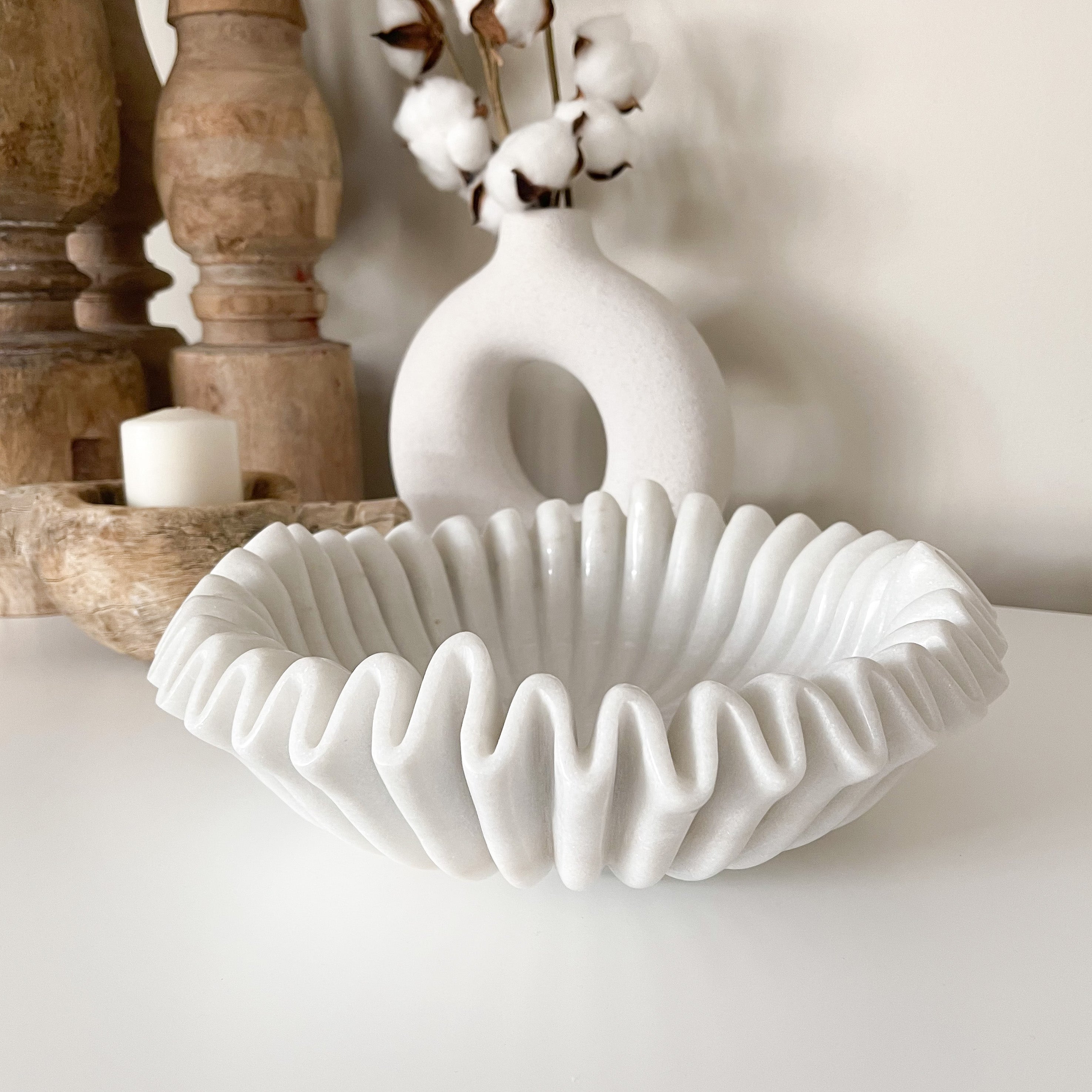 Marble Fluted Bowl Wavy Ripple Hand Carved Rustic White & Wood