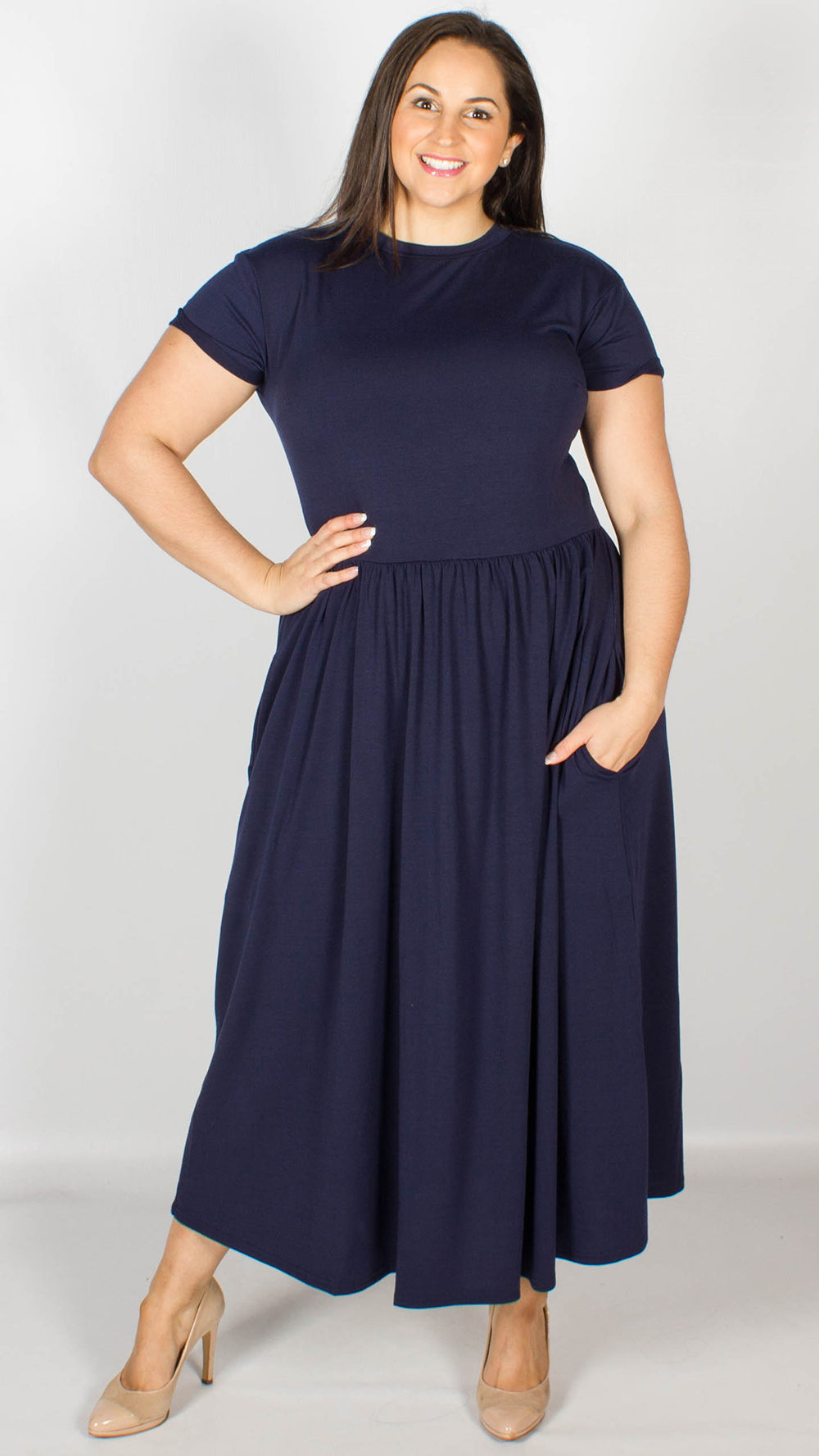 Cebu Navy Midi Fit and Flare Jersey Pocket Dress – Curvewow