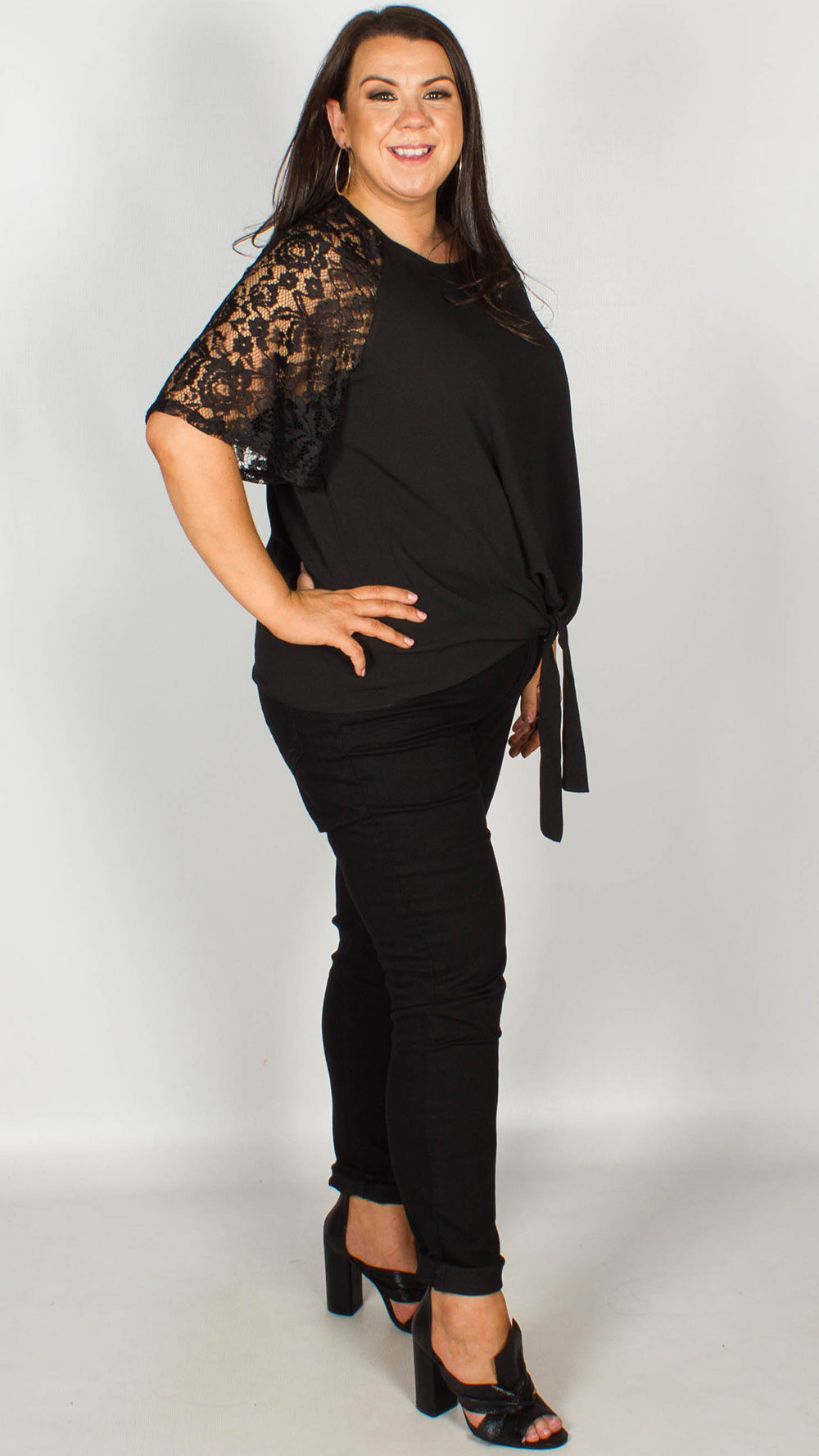 Ria Black Lace Sleeve Top With Knot Front Curvewow