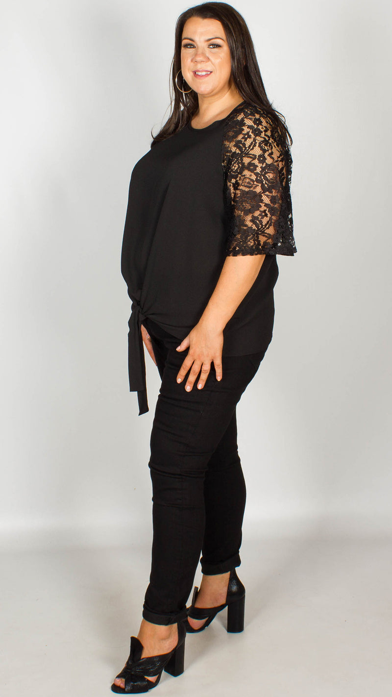 Ria Black Lace Sleeve Top With Knot Front Curvewow 2057