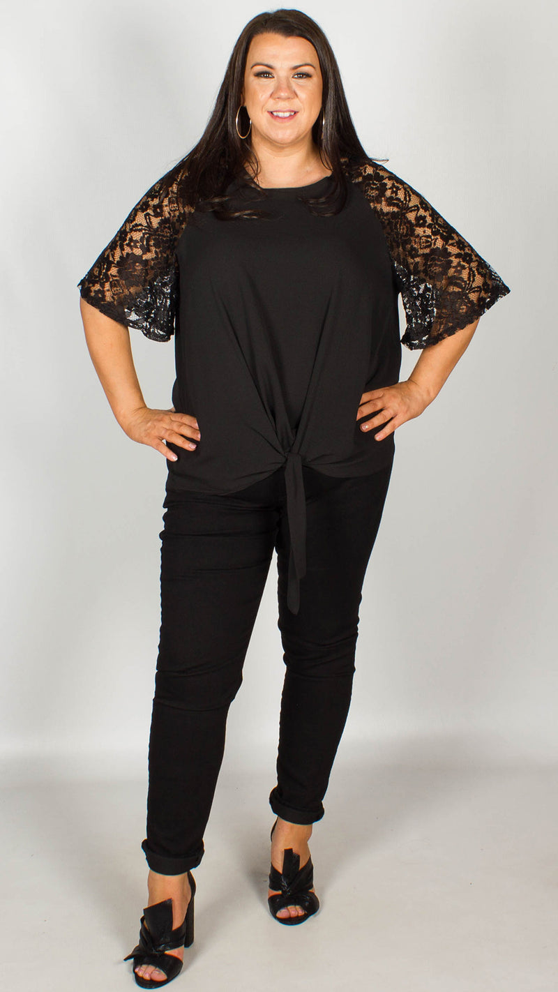 Ria Black Lace Sleeve Top With Knot Front Curvewow 6076