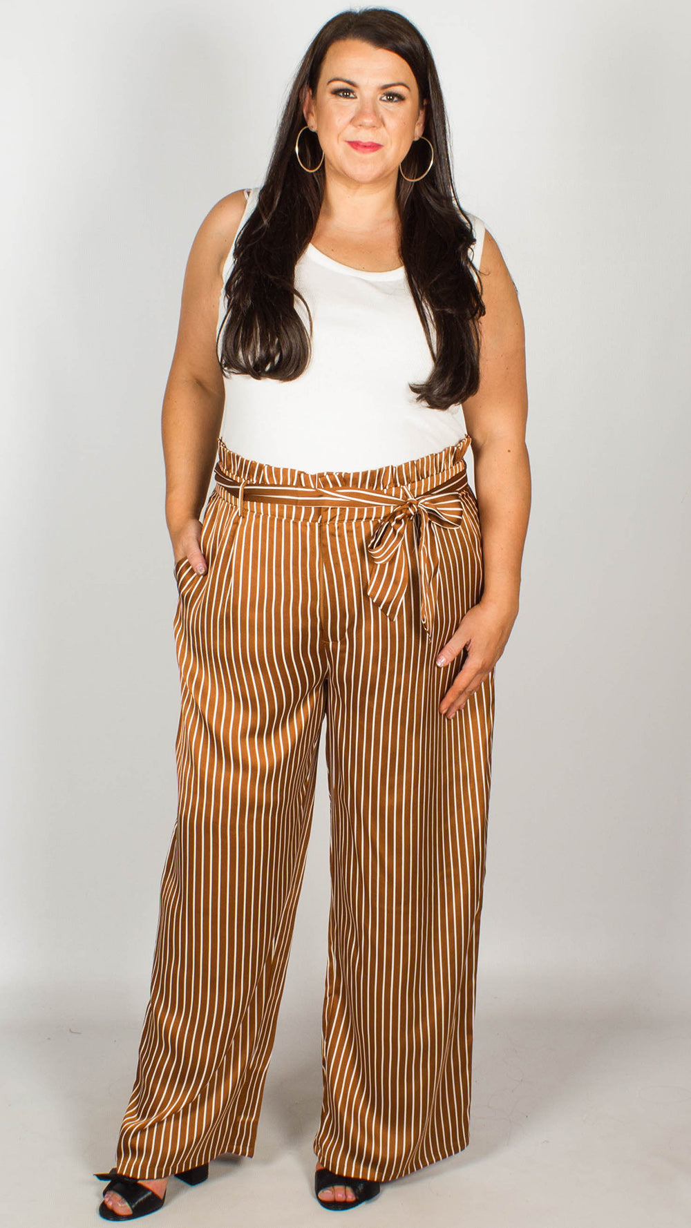 white striped paperbag trousers