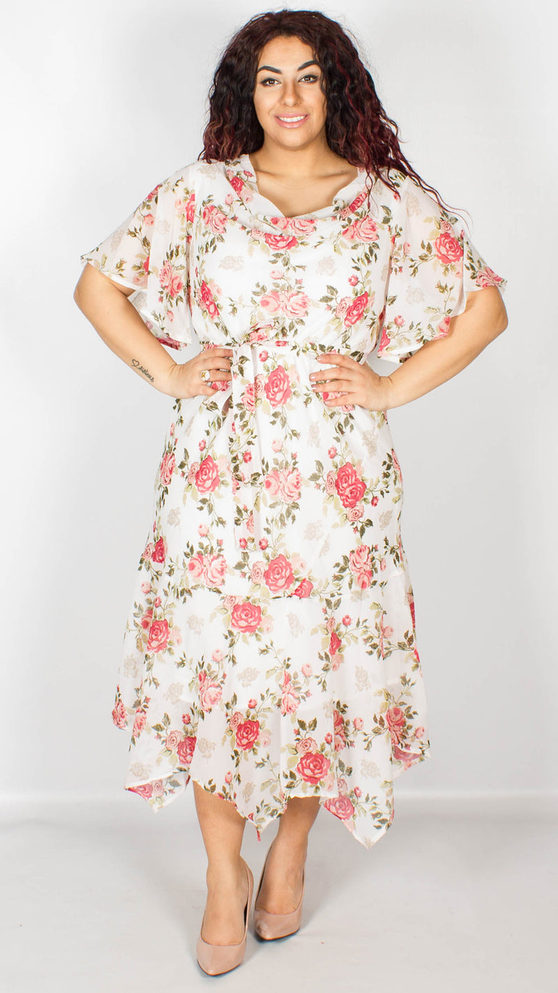 Brianna White with Pink Floral Printed Midi Dress with Belt – Curvewow