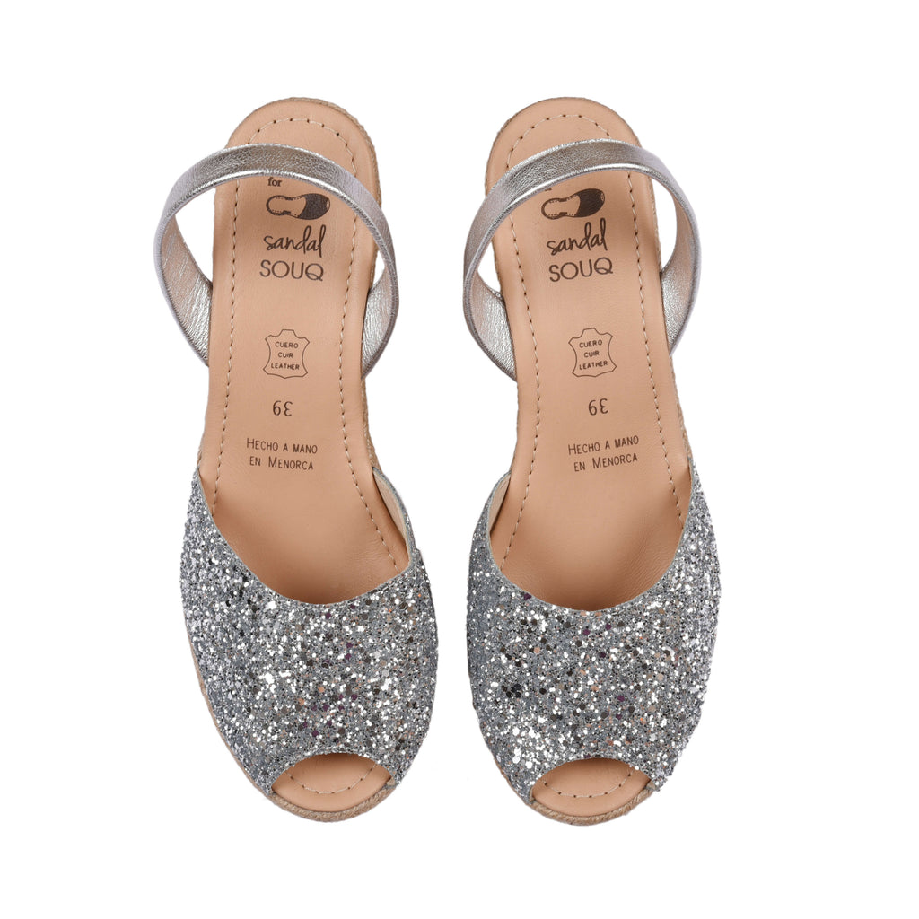 silver glitter wedge shoes