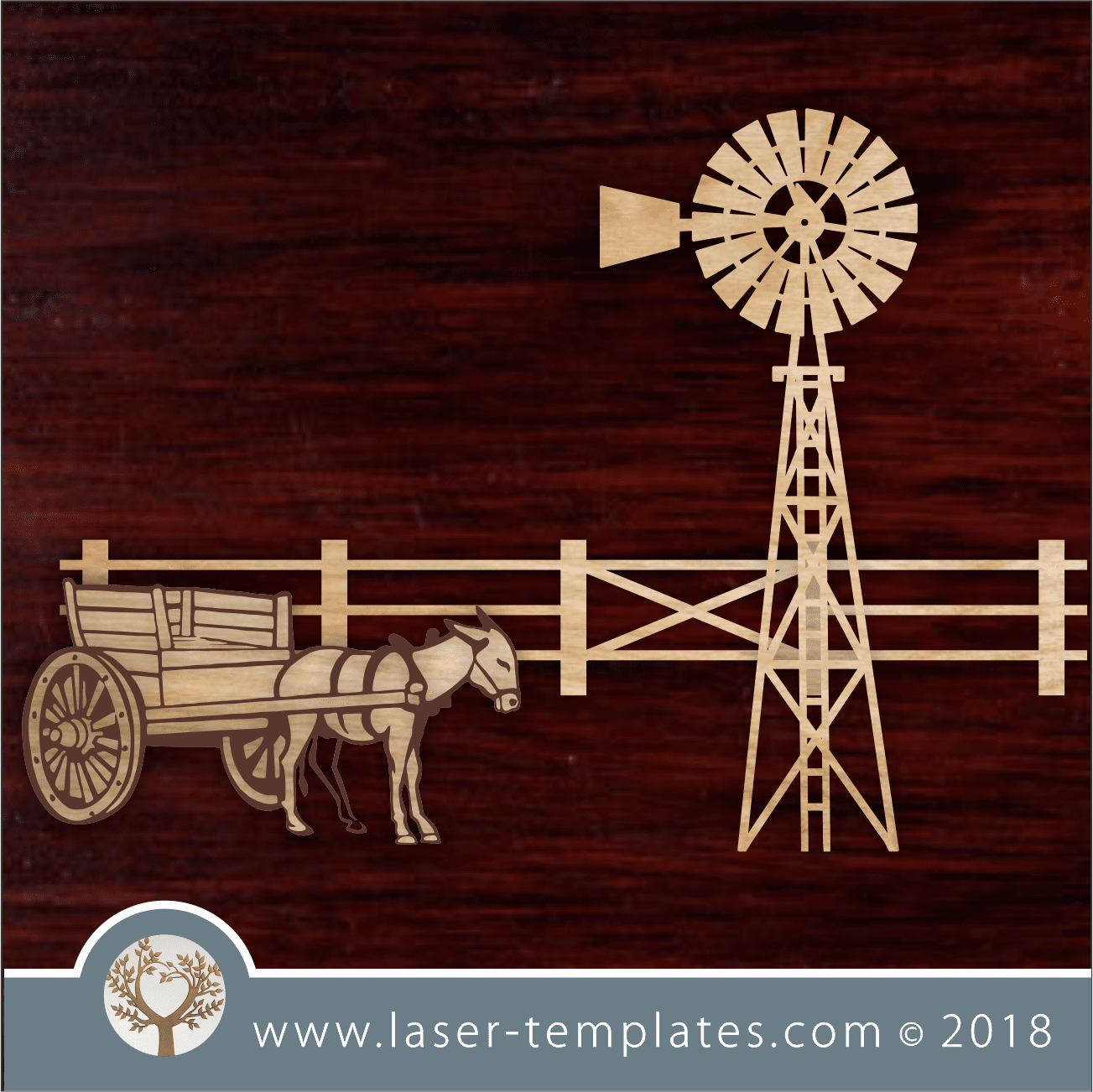 Laser Cut Farm Scene Template with Windmill and Donkey Laser Ready