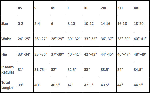 Womens Pant Size Chart