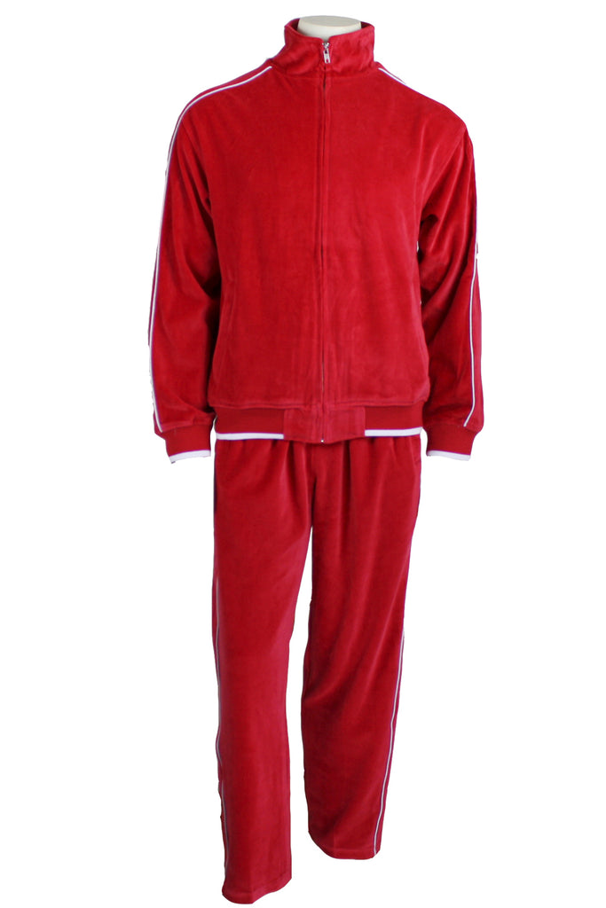 Mens Red Velour Tracksuit with White Piping – Sweatsedo