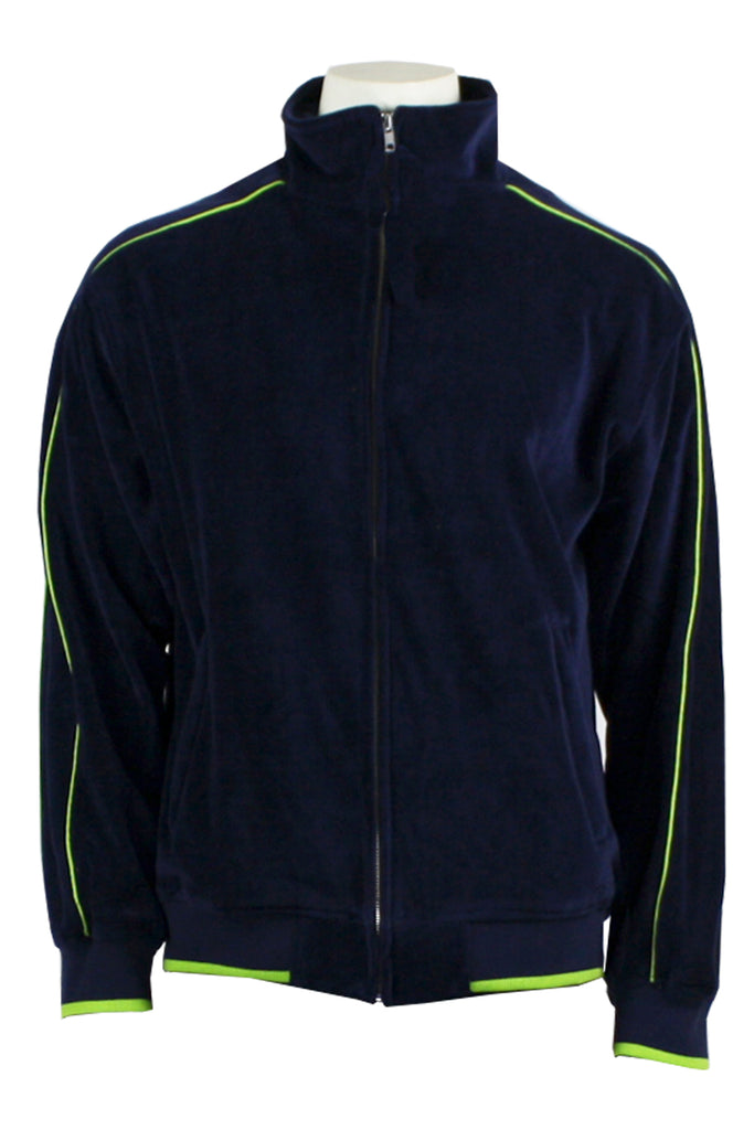 Mens Navy Blue Velour Tracksuit with Lime Green Piping | Sweatsedo