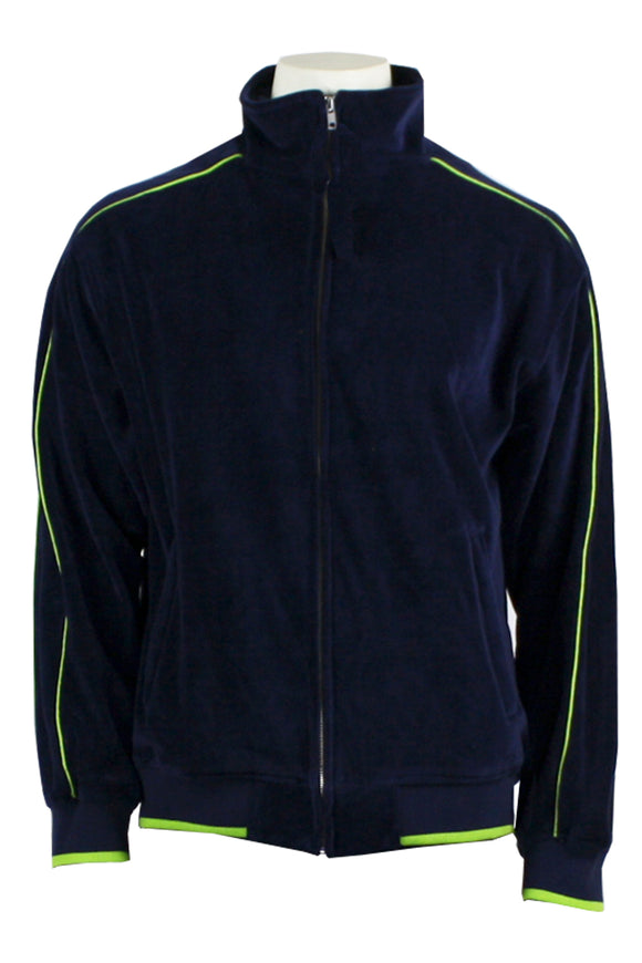 Mens Navy Blue Velour Jacket with Lime Green Piping | Sweatsedo