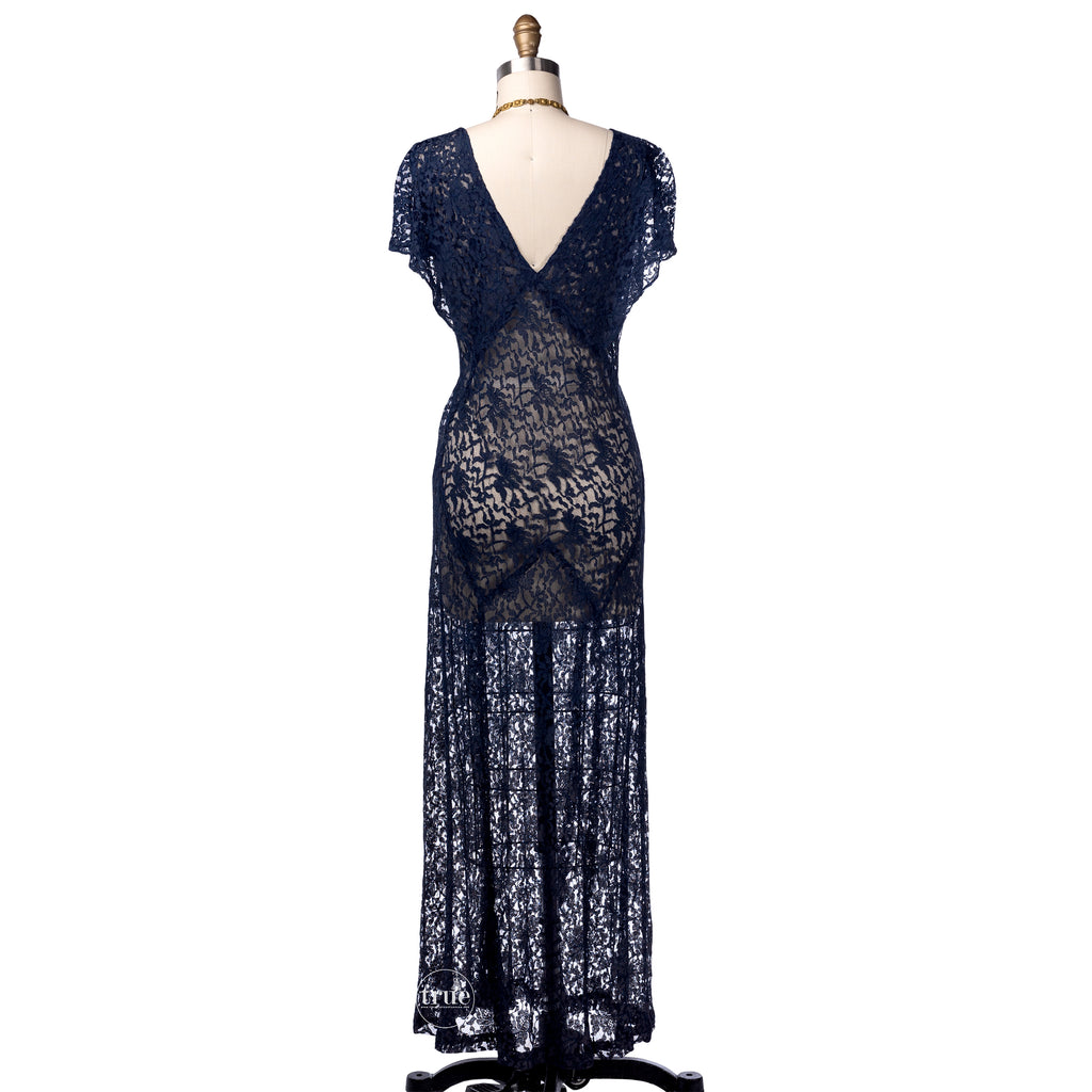 vintage 1930's dress ...gorgeous blue lace long dress with slip sleeve ...