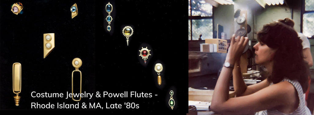 Ronnie's costume jewelry and Ronnie at the workbench at Powell Flutes, Late 1980s