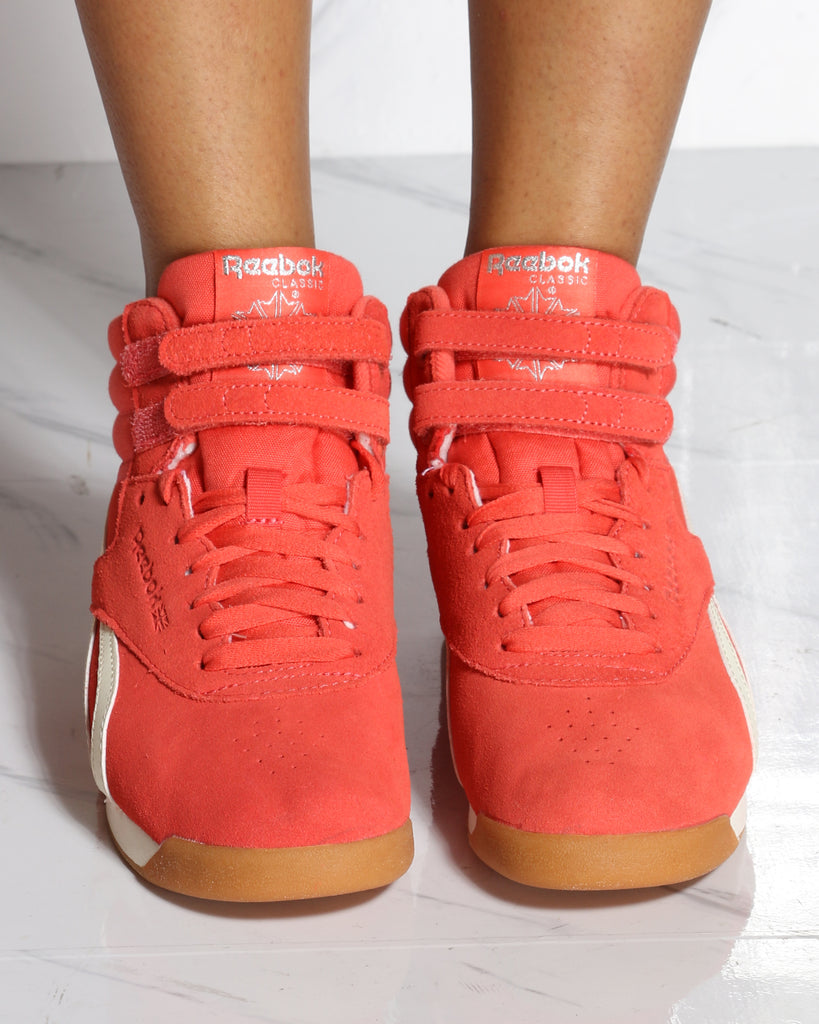 reebok classic freestyle hi suede red trainers
