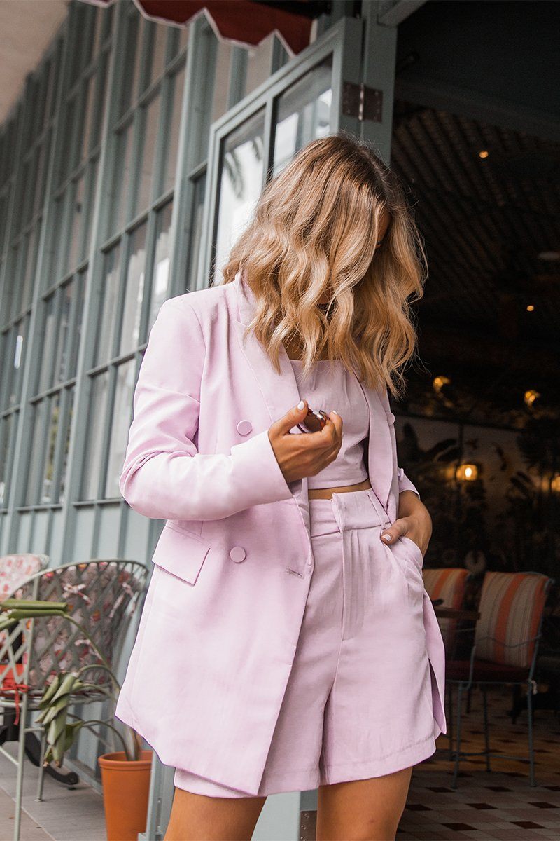 lilac blazer and shorts