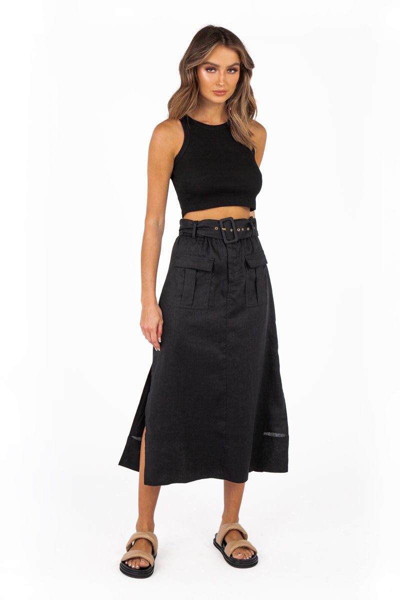 black linen midi skirt