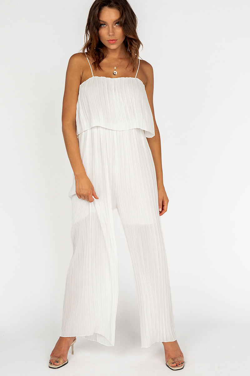 white pleated jumpsuit