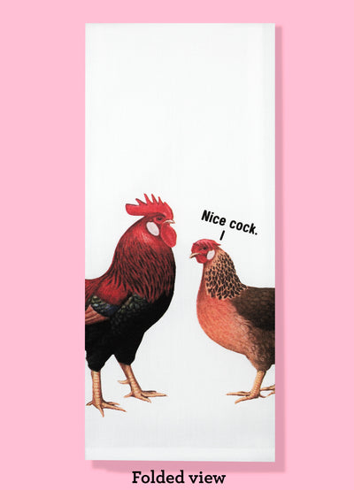 The Nice Cock kitchen towel, shown fold in thirds