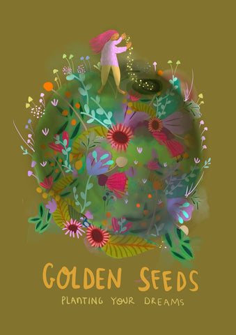Person on large, colorful, flower sphere, planting golden seeds.