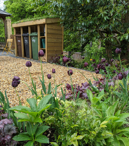 A green roof wheelie bin and recycling bin store, with sedum plants, shown in a front garden