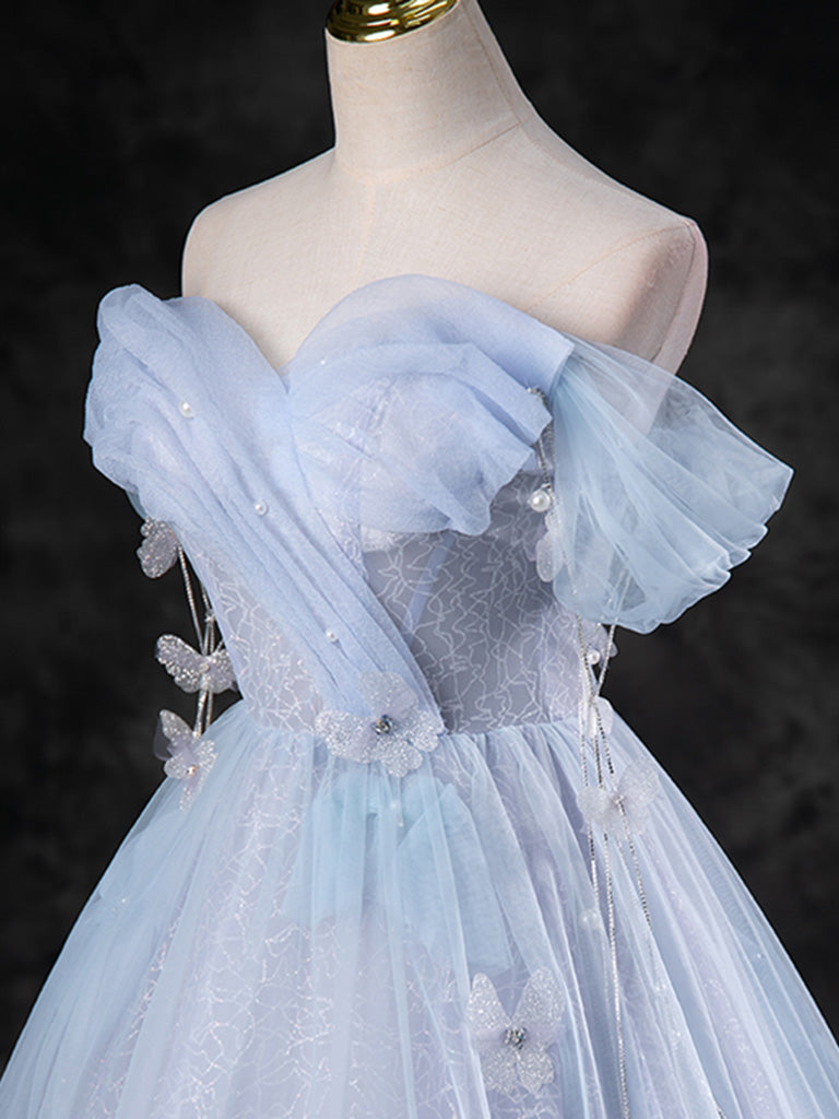 Royal Blue Tulle A-line Off Shoulder Long Prom Dress SP916