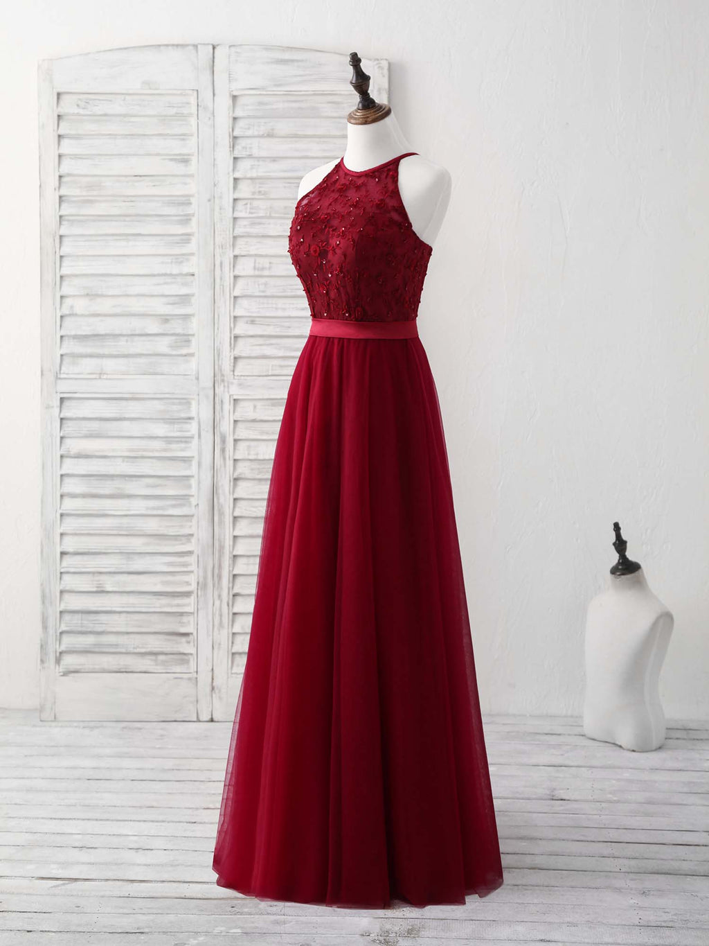 Burgundy Lace Tulle High Low Prom Dress Burgundy Bridesmaid Dress – shopluu