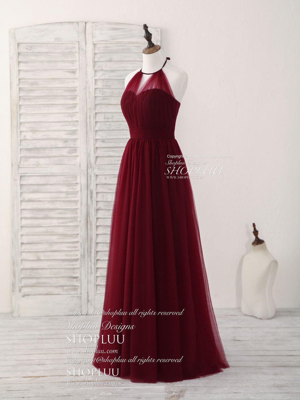 Burgundy lace tulle long prom dress, burgundy bridesmaid dress – dresstby