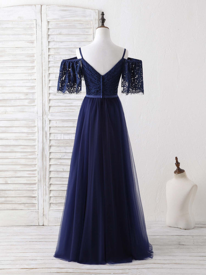 Dark Blue A-Line Lace Tulle Long Prom Dress Blue Evening Dress – shopluu