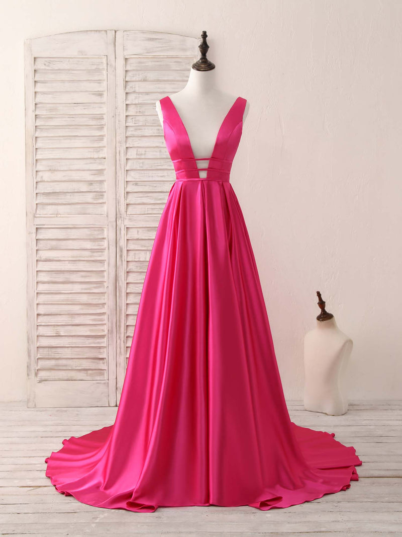 Simple V Neck Satin Long Prom Dress Backless Evening Dress – shopluu