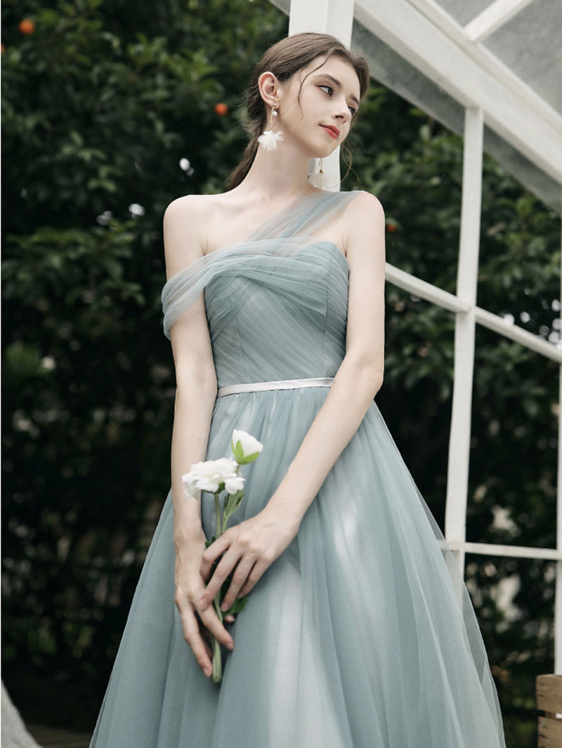 Simple A line Green Tulle Long Prom Dress, Green Tulle Bridesmaid Dres ...