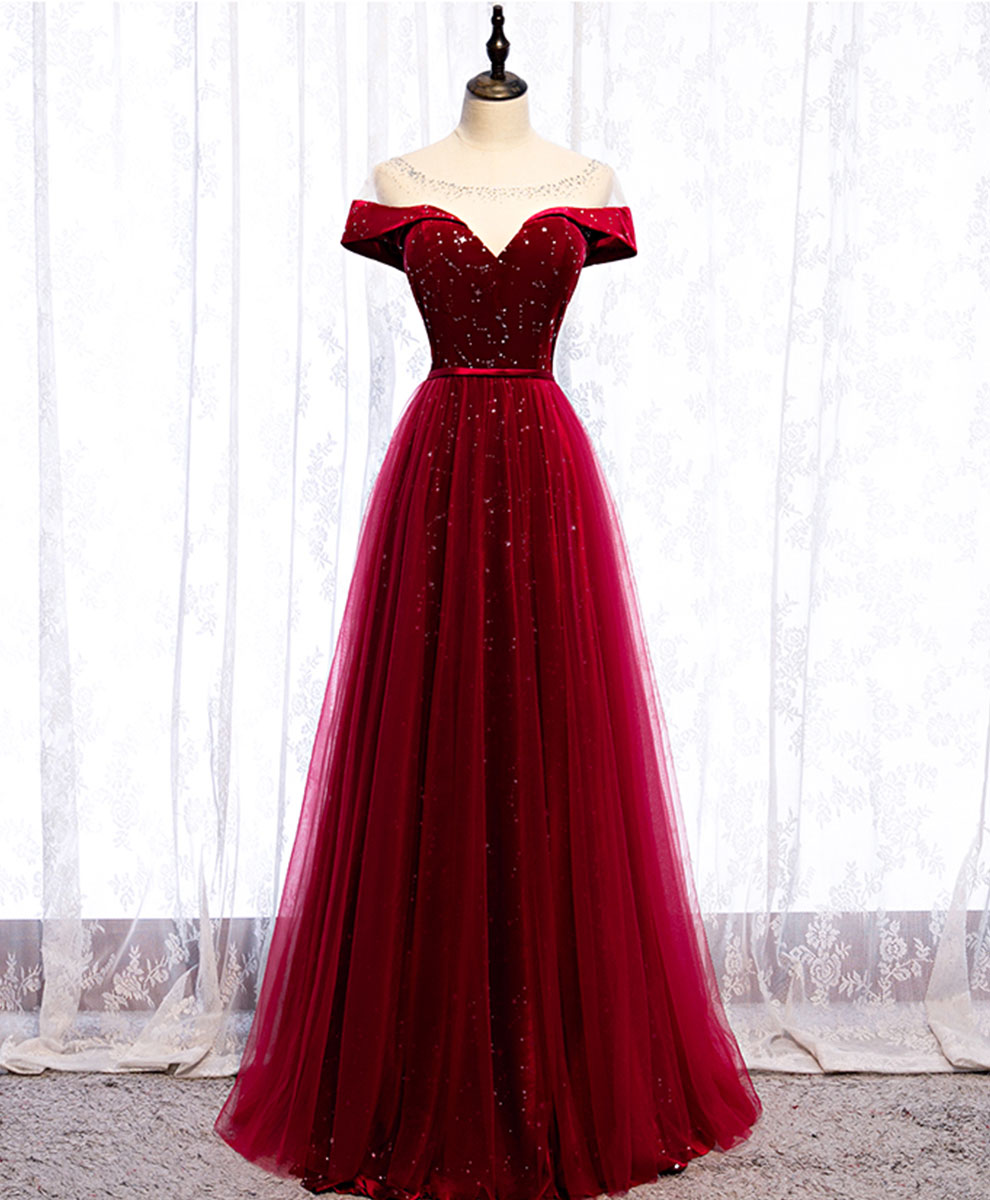 Burgundy Round Neck Tulle Sequin Long Prom Dress Tulle Formal ...