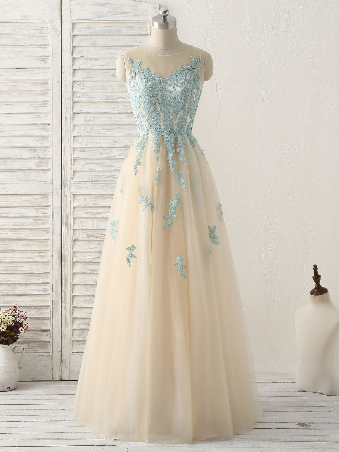 Cute Champagne Lace Long Prom Dress, A Line Tulle Bridesmaid Dress ...