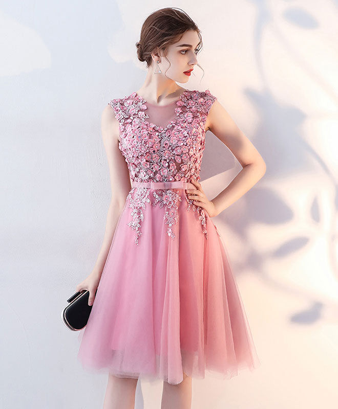 Pink Tulle Lace Short Prom Dress, Pink Tulle Homecoming Dress – shopluu