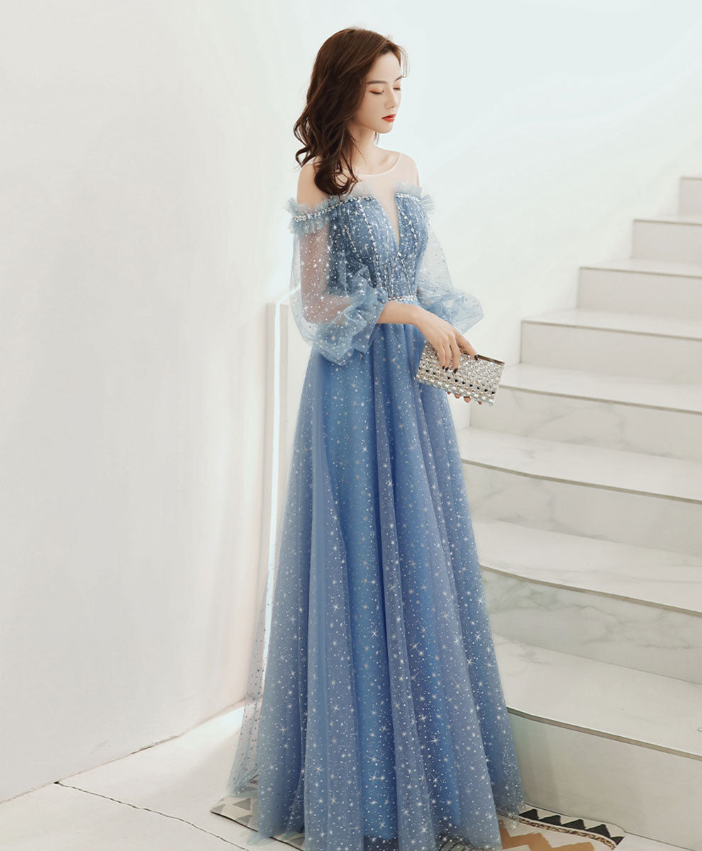 Blue round neck tulle sequin long prom dress tulle evening dress – shopluu