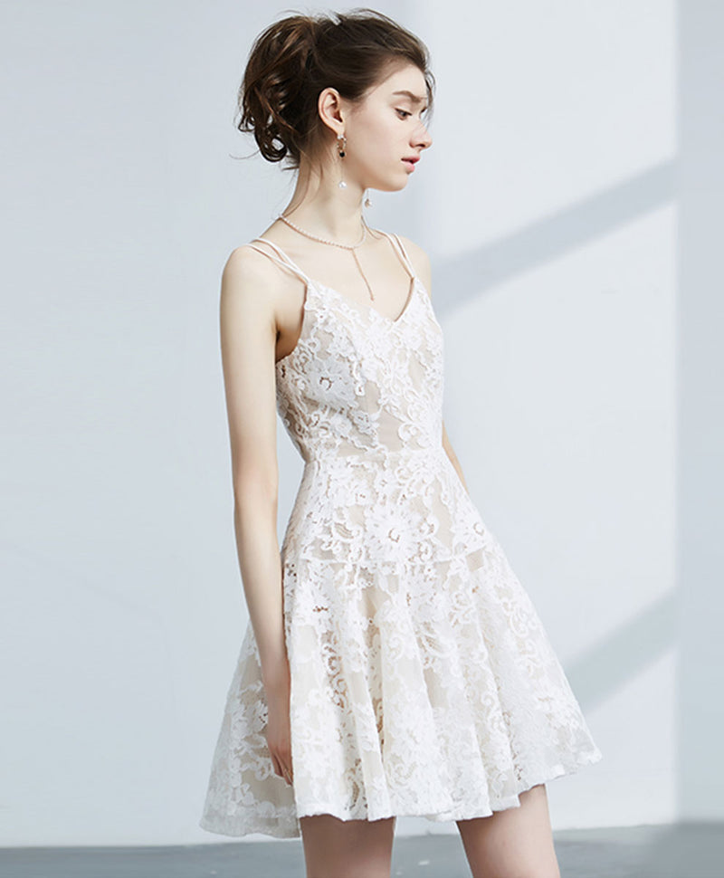 Cute white v neck lace short prom dress white evening dress – shopluu