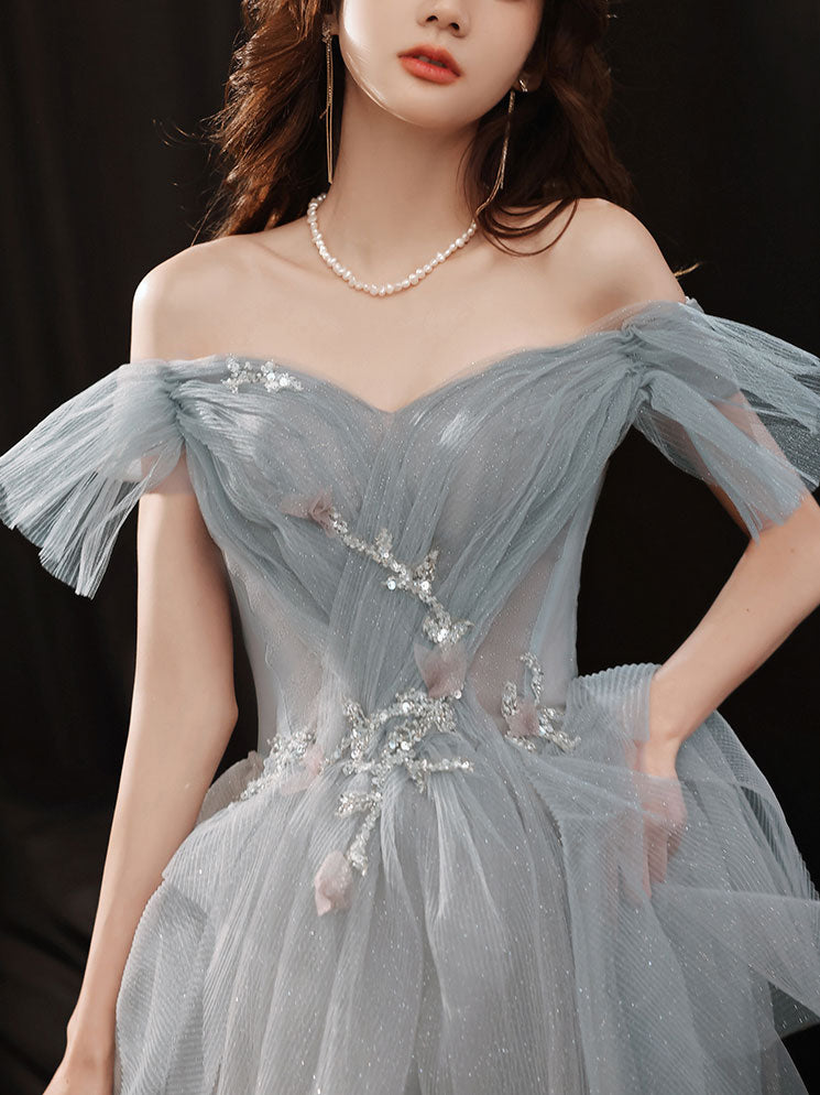 Gray Blue Sweetheart Neck Tulle Long Prom Dress Gray Evening Dress ...