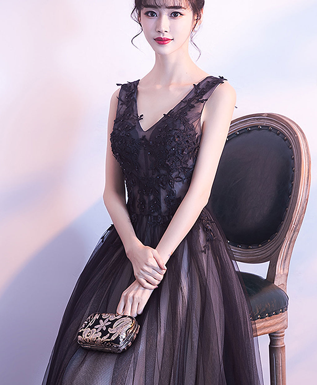 Black V Neck Tulle Lace Applique Long Prom Dress, Black Lace Bridesmai –  shopluu
