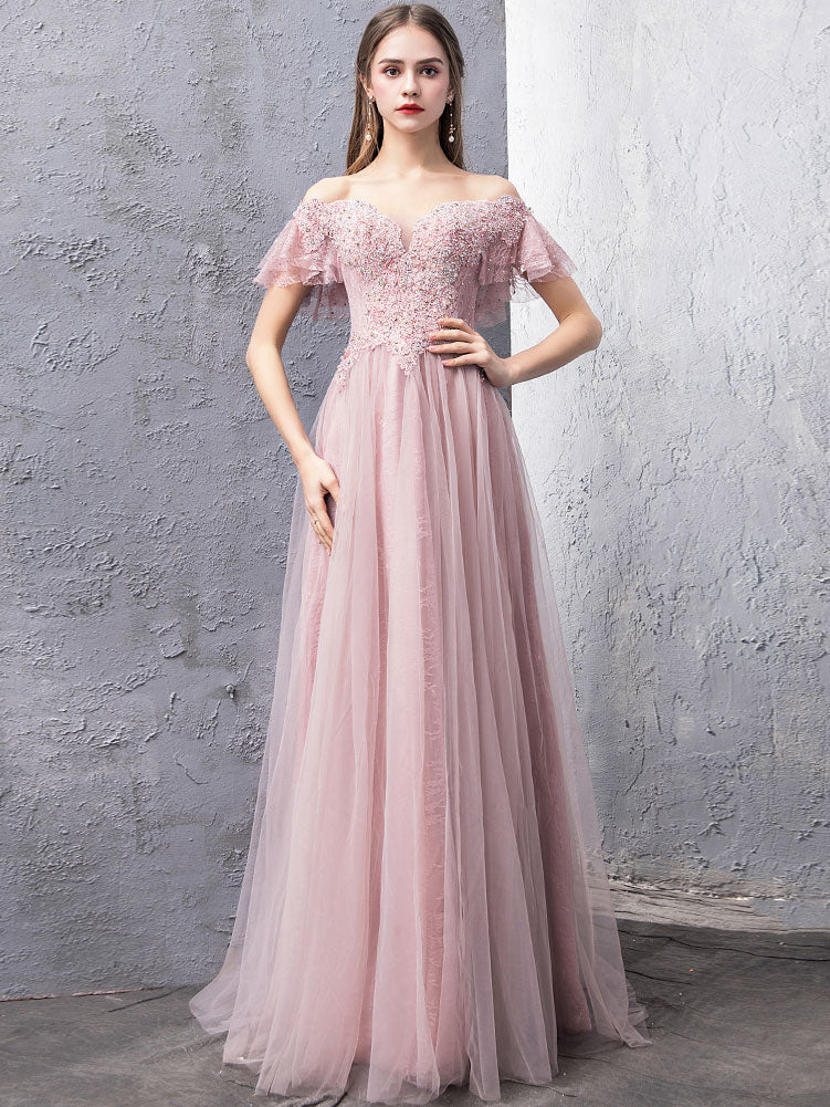 Pink tulle lace long prom dress pink evening dress · Little Cute