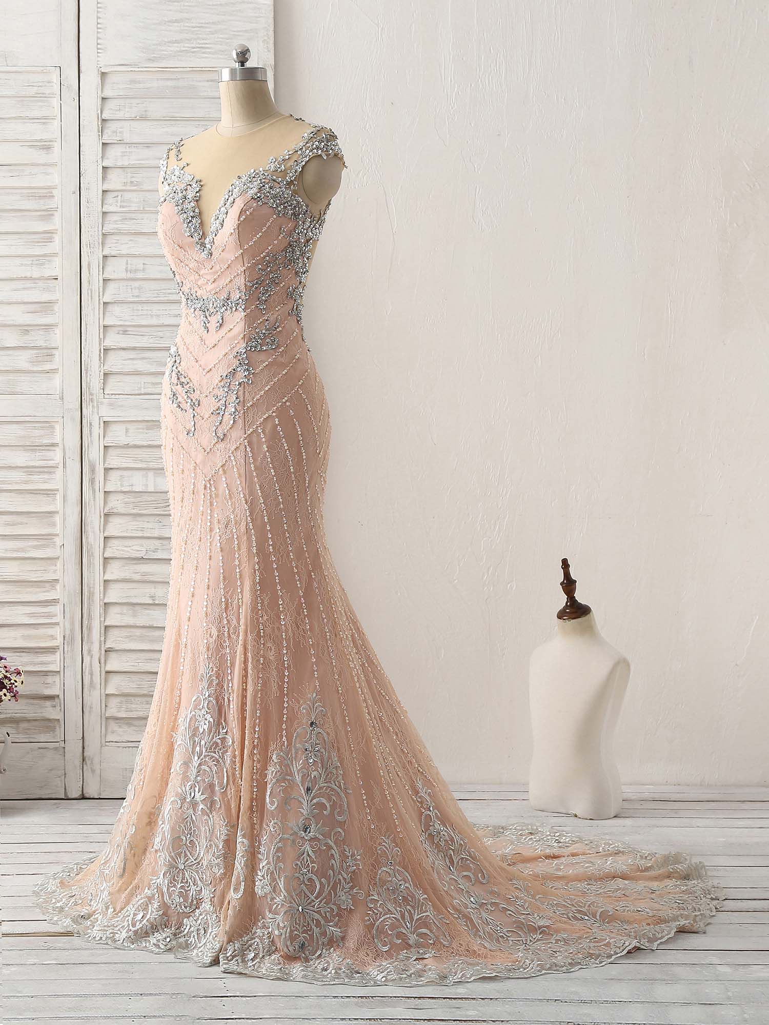 Pink mermaid sequin beads long lace prom dresses | Shop Elegant Women's ...