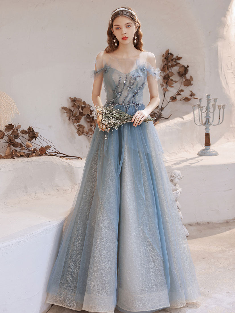 Sky Blue Lace Tulle Long Prom Dress, Blue Evening Dress – shopluu