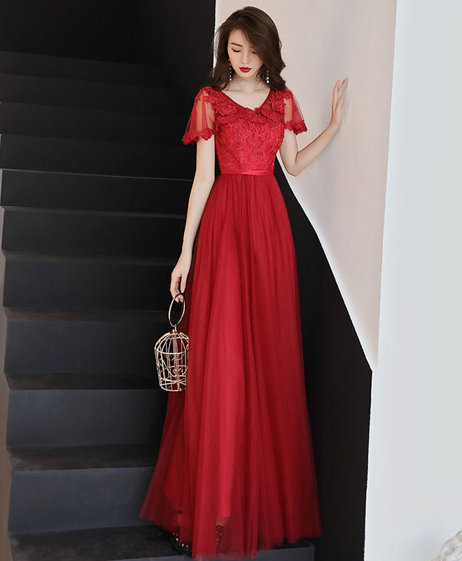 Simple Tulle Lace Long Prom Dress, Burgundy Bridesmaid Dress – shopluu