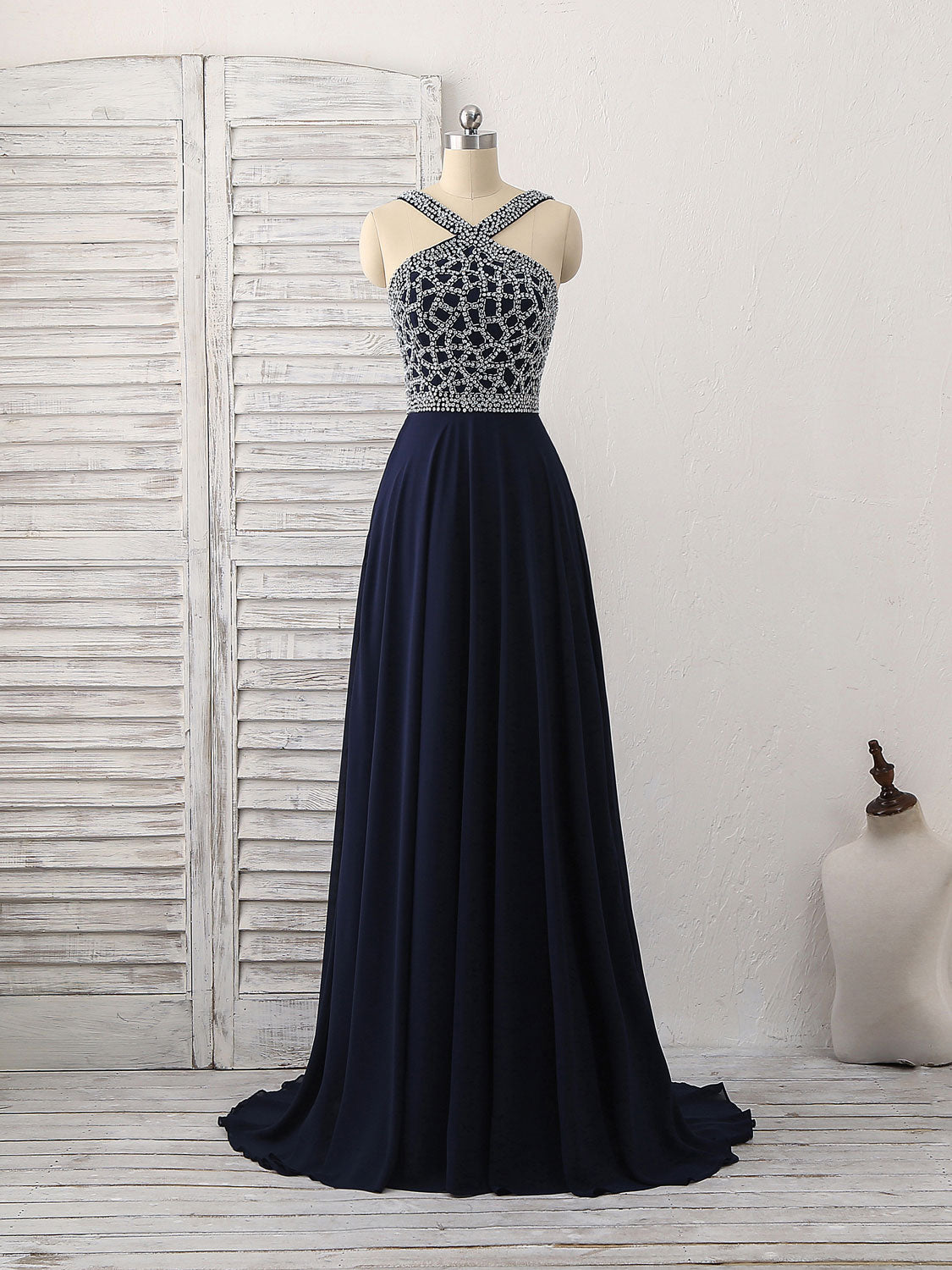 Dark Blue Chiffon Beads Long Prom Dress, Blue Evening Dress – shopluu