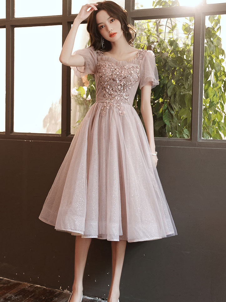 Sweetheart Tulle Beads Tea Length Pink Prom Dress, Tulle Homecoming Dr –  shopluu