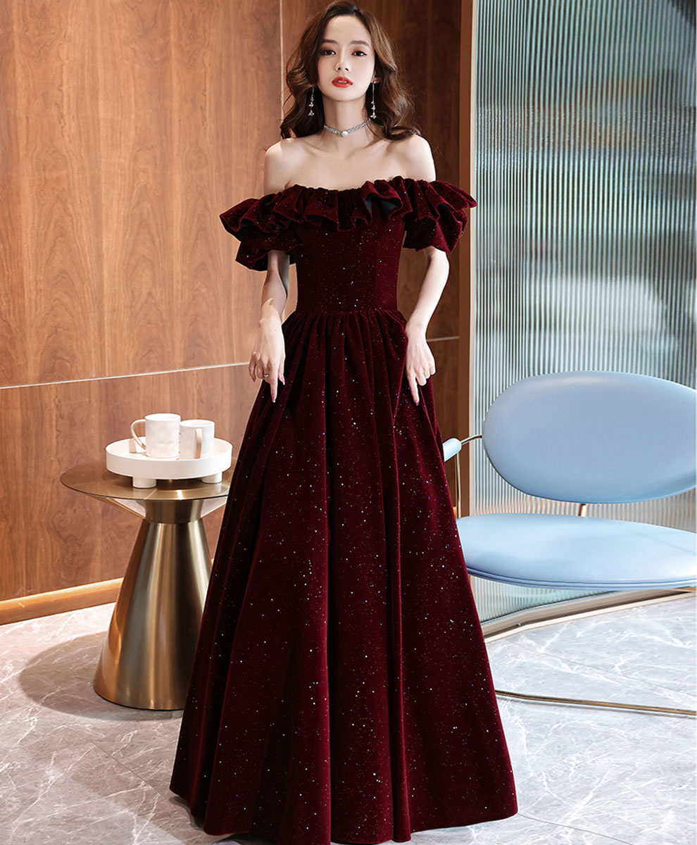 Velvet A Line Burgundy Long Prom Dress, Burgundy Formal Evening