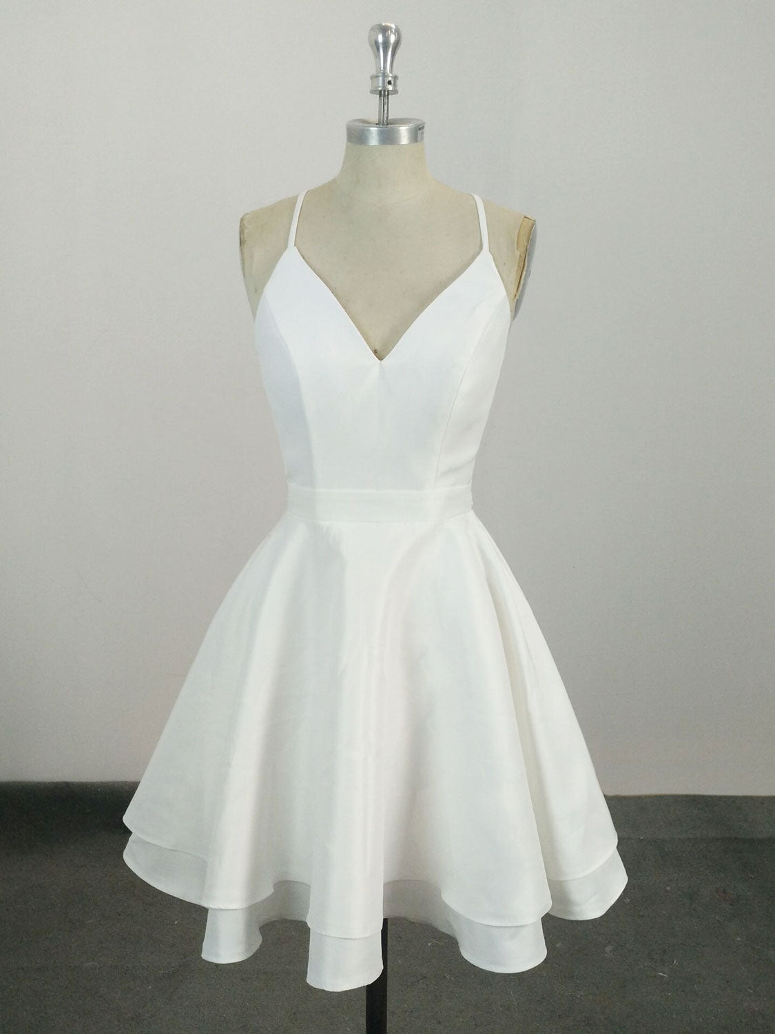 White V Neck Satin Lace Short Prom Dress, White Dress