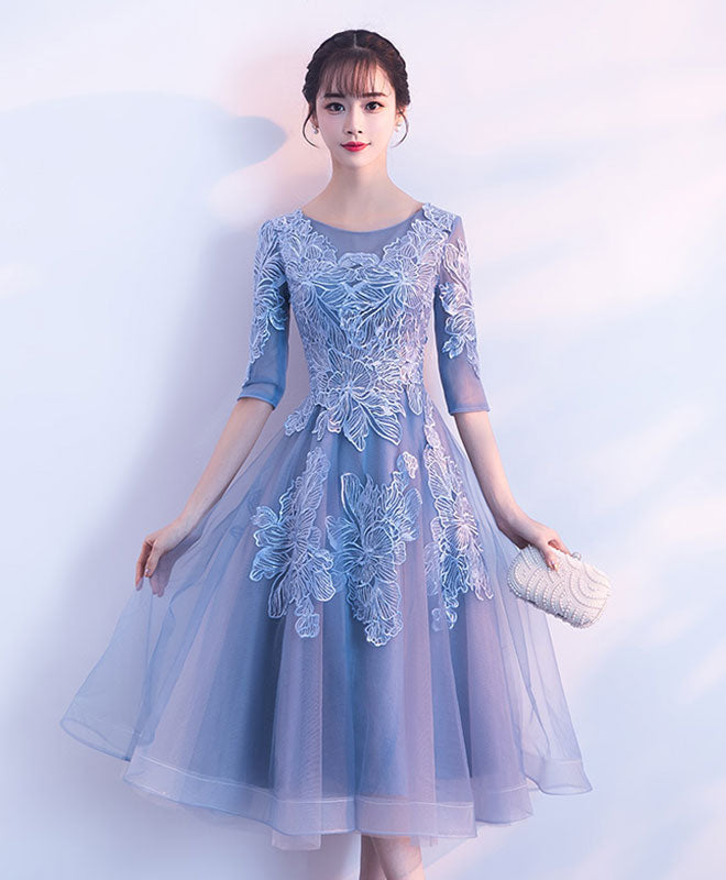 Blue Round Neck Tulle Lace Short Prom Dress, Blue Homecoming Dress ...